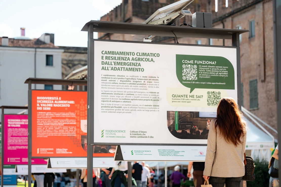 una ragazza legge i pannelli della mostra del decennale in piazza Sordello